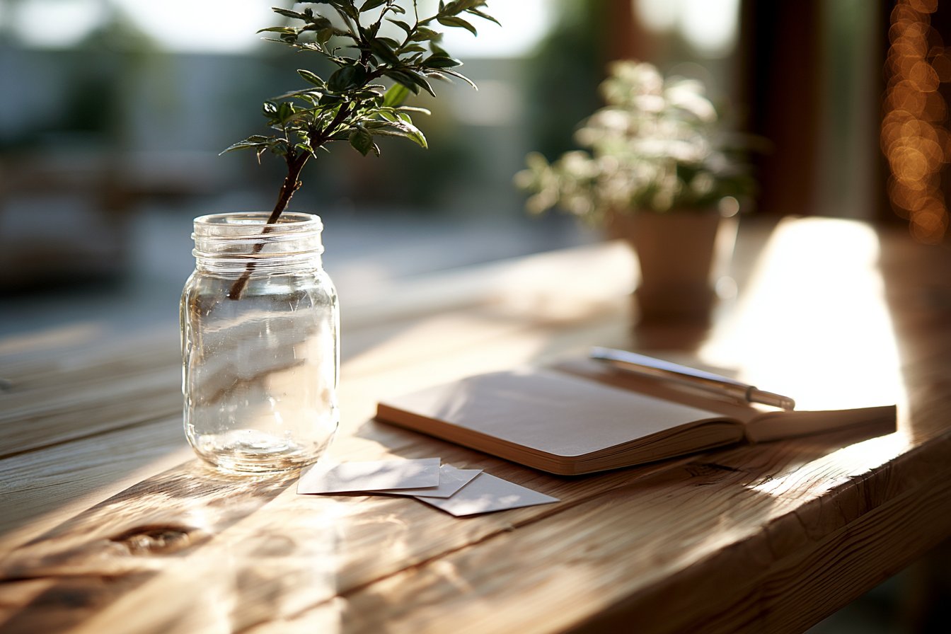 A sunlit wooden desk with a glass jar, an open notebook, and blank note cards — evoking Dendric's apps for capturing and recalling life's moments.